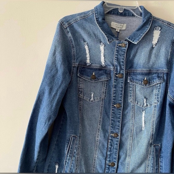 Blue Medium Wash Button-up  Midi Distressed Denim Jacket Dress - Picture 6 of 11